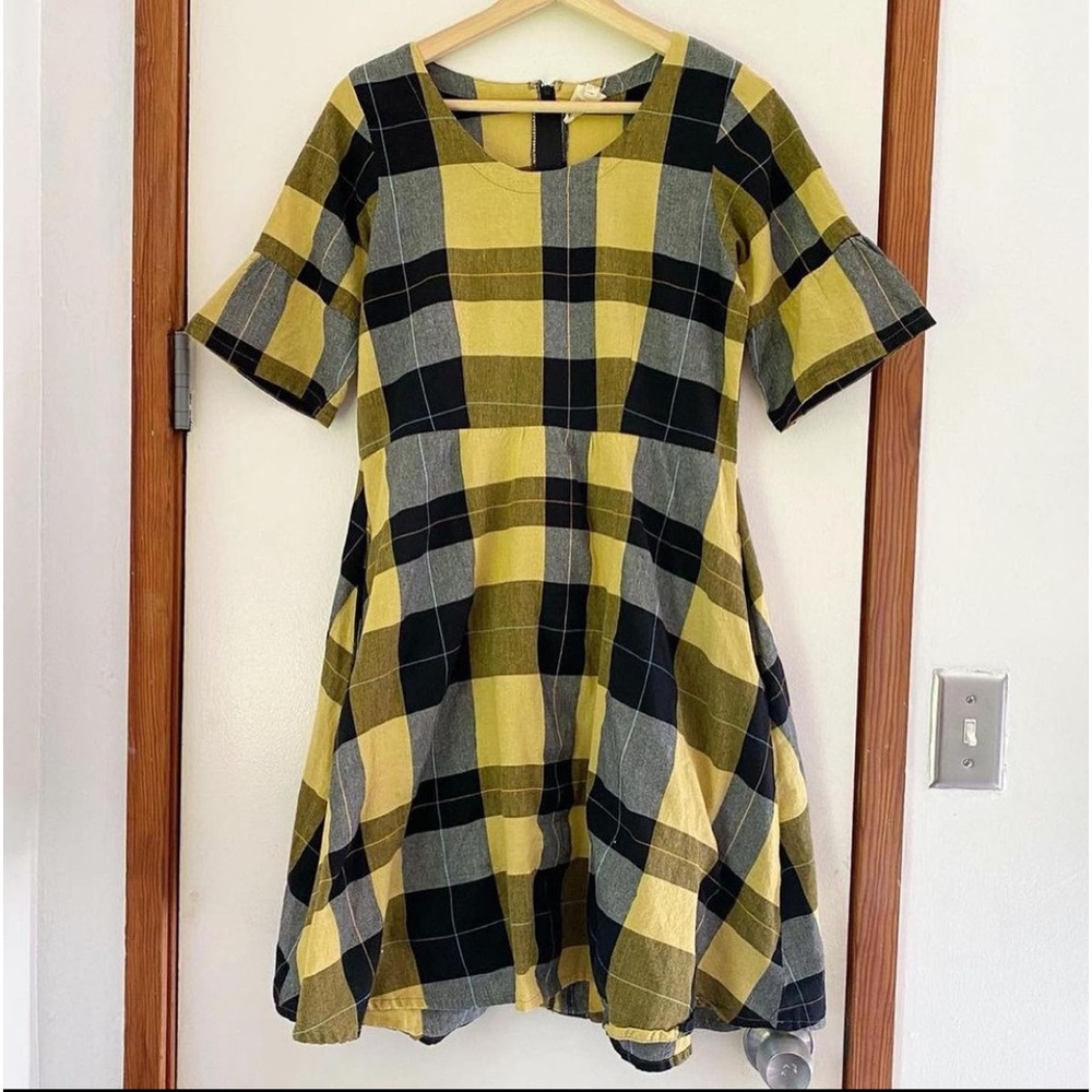 Mata Traders yellow and black plaid woven cotton fit and flare dress pockets